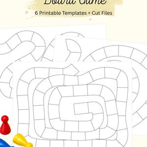 May include: Printable board game templates with a variety of path designs. The image includes game pieces, dice, and markers in red, blue, and yellow. Text reads "Design Your Own Board Game" and "6 Printable Templates + Cut Files."