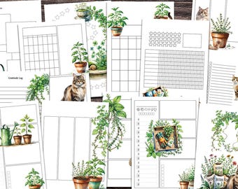 Può includere: Una raccolta di pagine di pianificazione stampabili con illustrazioni ad acquerello di erbe in vaso, attrezzi da giardinaggio e gatti. Le pagine includono sezioni per promemoria, registri di gratitudine e tracker delle abitudini.
