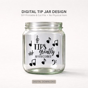 Naklejka cyfrowa na słoik na napiwki. Wzór na słoik na napiwki: „Napiwki mile widziane” z nutami i symbolami, idealna do samodzielnego wykonania słoika na napiwki dla muzyków.