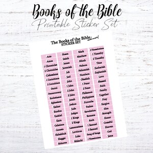 Printable Books of the Bible stickers in light pink. A one page printable stickers that say each of the books of the bible for use in bible study journals, planners, and more.