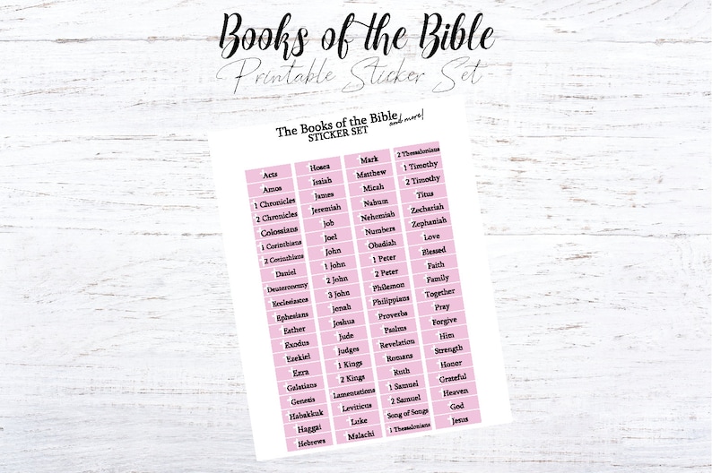 Printable Books of the Bible stickers in light pink. A one page printable stickers that say each of the books of the bible for use in bible study journals, planners, and more.
