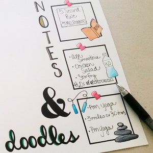 May include: A handwritten list of notes and doodles on a white background. The notes are organized in boxes with push pins. The notes include "5 Second Rule by Mel Robbins", "am Smoothie, Chicken Salad, Stir Fry, H2O", and "Am Yoga, 3 miles or 30 mins, Pm Yoga". The doodles include a book, a water bottle, and a stack of stones.
