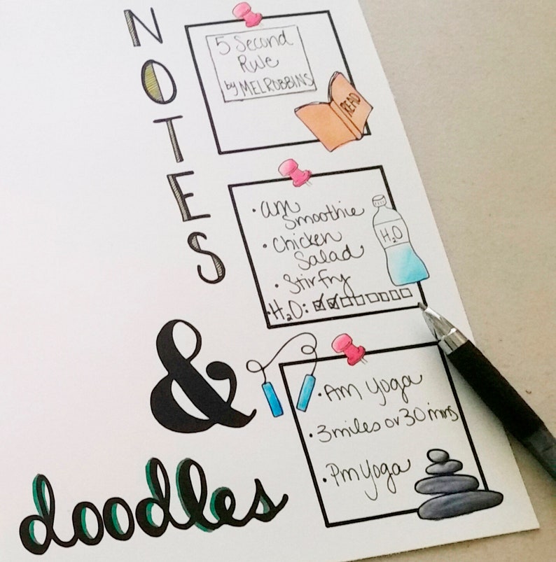 May include: A handwritten list of notes and doodles on a white background. The notes are organized in boxes with push pins. The notes include "5 Second Rule by Mel Robbins", "am Smoothie, Chicken Salad, Stir Fry, H2O", and "Am Yoga, 3 miles or 30 mins, Pm Yoga". The doodles include a book, a water bottle, and a stack of stones.