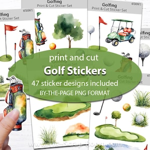 Paquete de pegatinas de golf imprimibles. Pegatinas para planificador, álbum de recortes, PNG. Imprime y corta pegatinas por página. Pegatinas de golf.