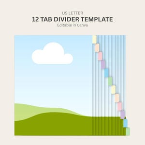 US Letter 12 tabblad scheidingslijn digitale sjabloon Print & Cut set van 8,5 x 11 inch scheidingsvellen blanco sjabloon sjabloon bewerkbaar in Canva