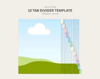 US Letter 12 tab Divider Digital Template  Print & Cut set of 8.5" x 11" divider tabs  blank divider template editable in Canva