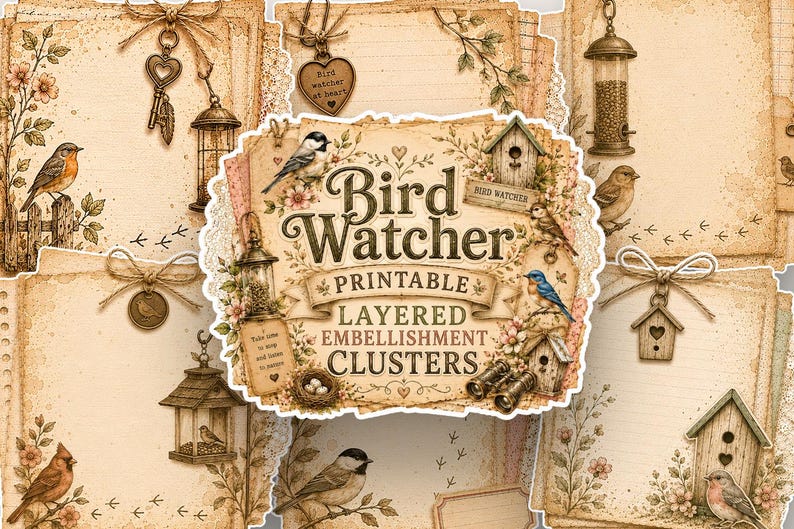 Puede incluir: Una colecci&oacute;n de papeles digitales imprimibles y adornos en capas con ilustraciones de estilo vintage de p&aacute;jaros, pajareras, comederos, llaves y binoculares, con el texto Bird Watcher Printable Layered Embellishment Clusters.