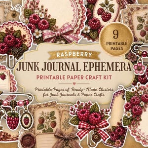 May include: A collection of printable junk journal ephemera featuring raspberry motifs, vintage-style paper clusters, decorative tags, and safety pin charms. The central label reads RASPBERRY JUNK JOURNAL EPHEMERA PRINTABLE PAPER CRAFT KIT 9 PAGES.