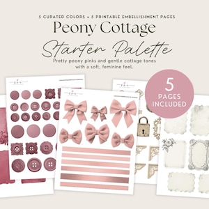 Peut inclure: Un kit numérique Peony Cottage Starter Palette comprenant 5 pages imprimables aux tons roses et neutres. Les feuilles présentent divers éléments graphiques, notamment des boutons circulaires, des nœuds, des bandes, des cadres et des motifs floraux.