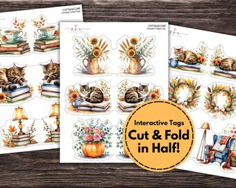 Przytulne jesienne dzienniki, składane etykiety, zawieszki, etykiety do scrapbookingu, papierowe rękodzieło, pobieranie cyfrowe, maty do dziennika, składane etykiety na prezenty, jesienne drobiazgi, etykieta dla kota