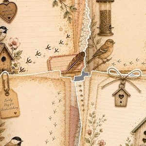 Puede incluir: Una colecci&oacute;n de papel de carta de estilo vintage con ilustraciones de aves, incluyendo pajareras, p&aacute;jaros cantores, comederos, plumas y etiquetas en forma de coraz&oacute;n con los textos Bird watcher at heart y Lovely Day for Birdwatching.
