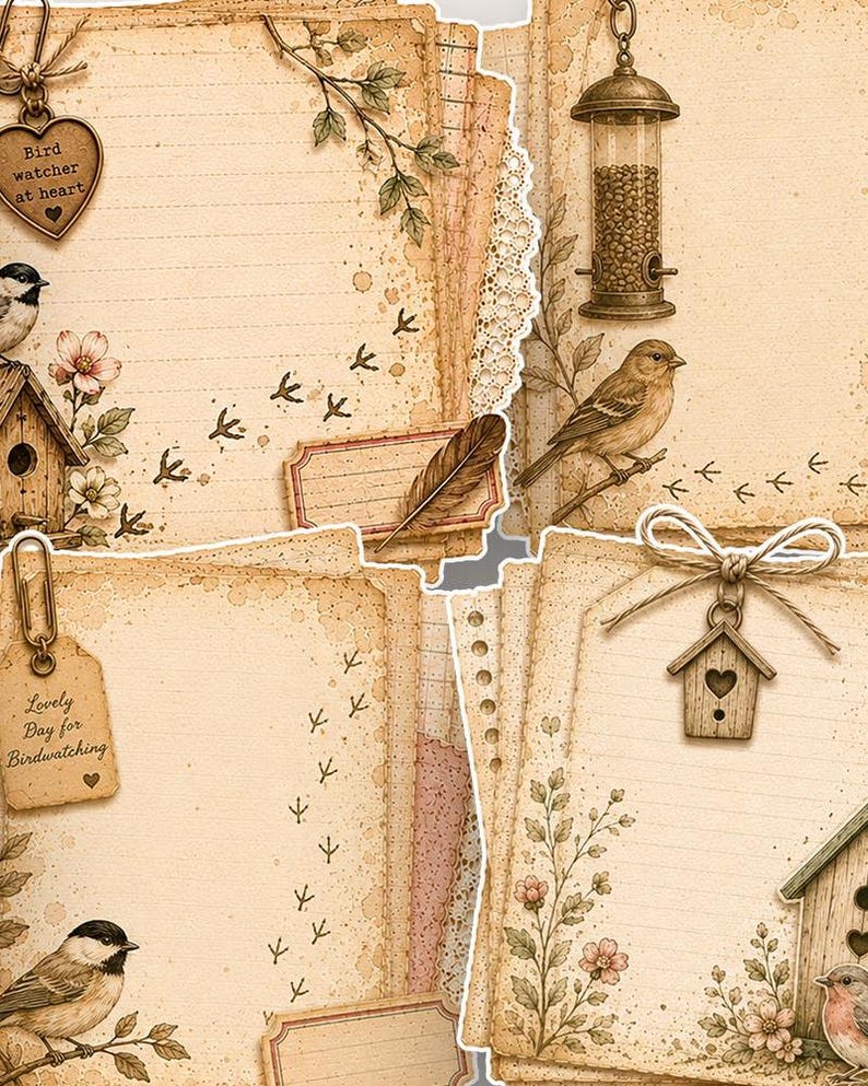 Puede incluir: Una colecci&oacute;n de papel de carta de estilo vintage con ilustraciones de aves, incluyendo pajareras, p&aacute;jaros cantores, comederos, plumas y etiquetas en forma de coraz&oacute;n con los textos Bird watcher at heart y Lovely Day for Birdwatching.