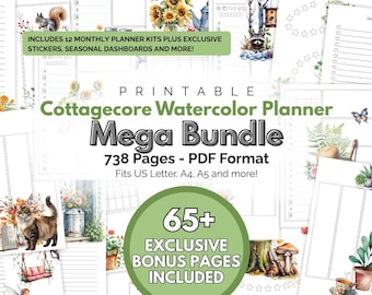 Op de afbeelding: Een printbare cottagecore planner mega bundel met aquarellen, bestaande uit 738 pagina's in PDF-formaat. De collectie bevat diverse maandelijkse planner-kits, seizoensgebonden dashboards en stickers met illustraties van dieren en planten.