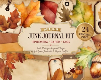 Printable Junk Journal Kit Autumn Fall digital papers tags stickers fussy cut ephemera embellishments png, scrapbooking, paper craft kit