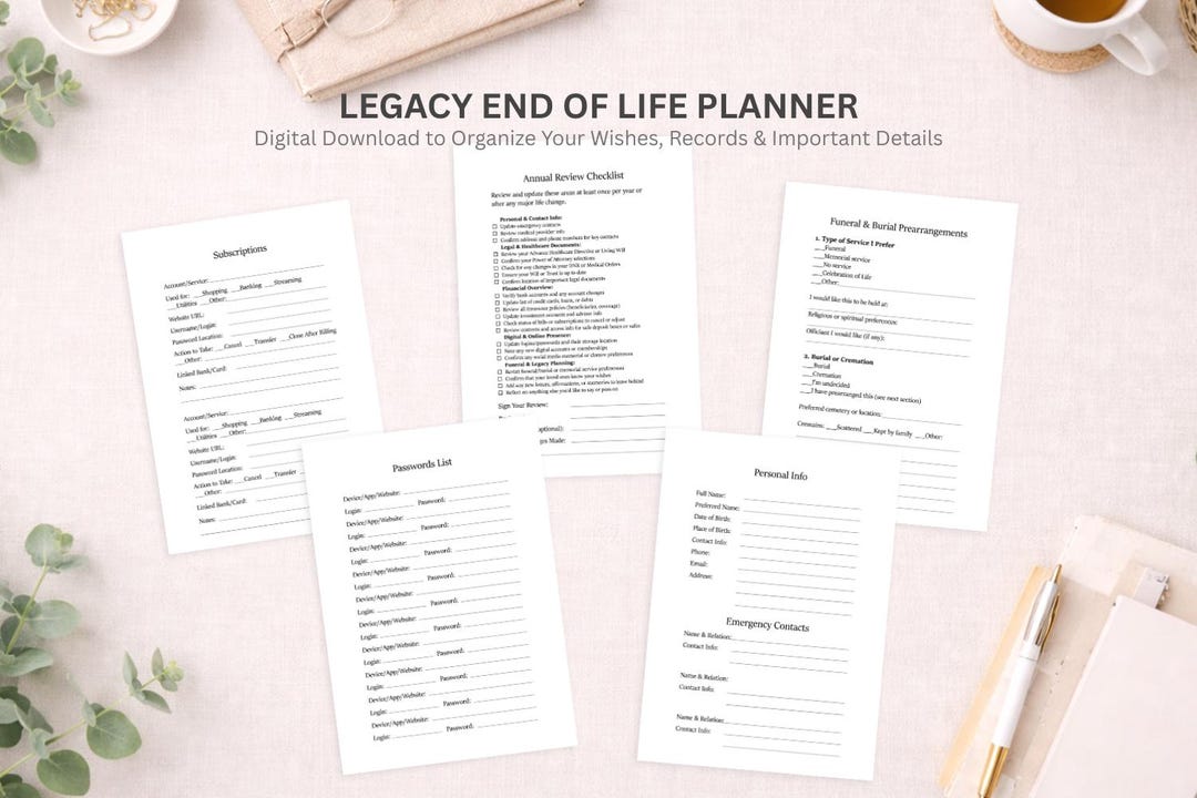 End of Life Printable Planner Bundle Legacy Planning Workbook Funeral ...
