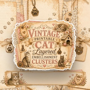 Conjunto de papéis em camadas com tema de gatos para imprimir em PNG, enfeites para diário de arte, scrapbook, decoração vintage para amantes de gatos. Baixe agora mesmo! imagem 1