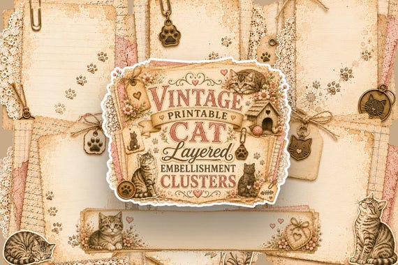 Cat Themed Layered Paper Clusters Printable PNG Junk Journal Embellishments Scrapbook Ephemera Vintage Cat Lover Download
