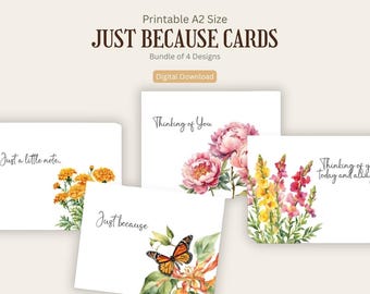 Paquete de tarjetas imprimibles "Pensando en ti", tarjetas "Simplemente porque sí", tarjetas de amistad, tarjeta "Te extraño", tarjeta de ánimo, tarjetas de felicitación digitales