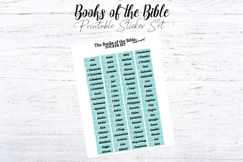 May include: A printable sticker set featuring the books of the Bible. The stickers are on a light blue background with black text. The sticker set includes the names of all the books of the Bible, as well as some additional words like "love", "faith", and "family".