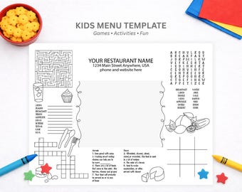Printable Kid's Menu Template kid's menu printable menu activity menu kids activity party decor, party printable, activity sheet