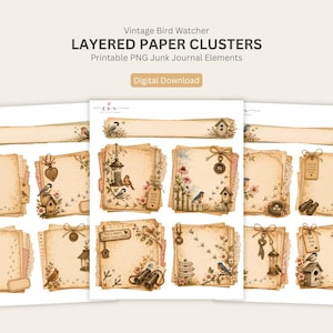 Puede incluir: Una colecci&oacute;n de clusters de papel digital imprimibles con temas de observaci&oacute;n de aves vintage. El set incluye marcos rectangulares y tarjetas cuadradas decoradas con ilustraciones de aves, pajareras, nidos, binoculares y elementos bot&aacute;nicos.