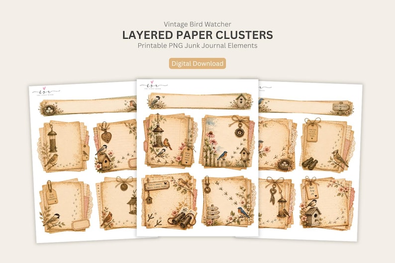 Puede incluir: Una colecci&oacute;n de clusters de papel digital imprimibles con temas de observaci&oacute;n de aves vintage. El set incluye marcos rectangulares y tarjetas cuadradas decoradas con ilustraciones de aves, pajareras, nidos, binoculares y elementos bot&aacute;nicos.