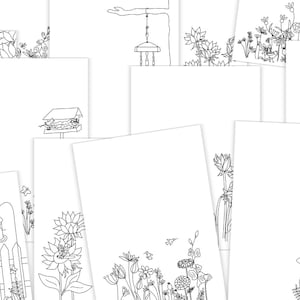May include: A set of 10 printable coloring pages featuring various garden scenes. Each page includes a different garden element, such as a birdhouse, a fence, flowers, and a bird bath. The pages are perfect for adults and children who enjoy coloring.