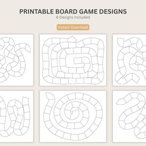 May include: Six printable board game designs are displayed, each with a unique path layout. The designs are in black and white, featuring various winding and circular paths. The text "Printable Board Game Designs" and "6 Designs Included" are at the top, with "Instant Download" below.