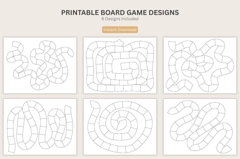 May include: Six printable board game designs are displayed, each with a unique path layout. The designs are in black and white, featuring various winding and circular paths. The text "Printable Board Game Designs" and "6 Designs Included" are at the top, with "Instant Download" below.