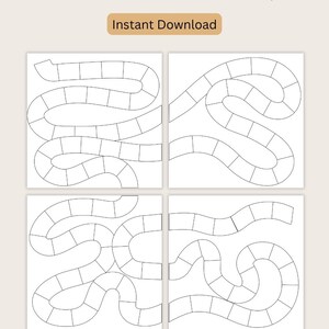 May include: Printable board game designs. The image shows four 4-section foldable board game templates with winding paths and spaces, perfect for creating custom games. The text includes "Instant Download" and "Shop Now".