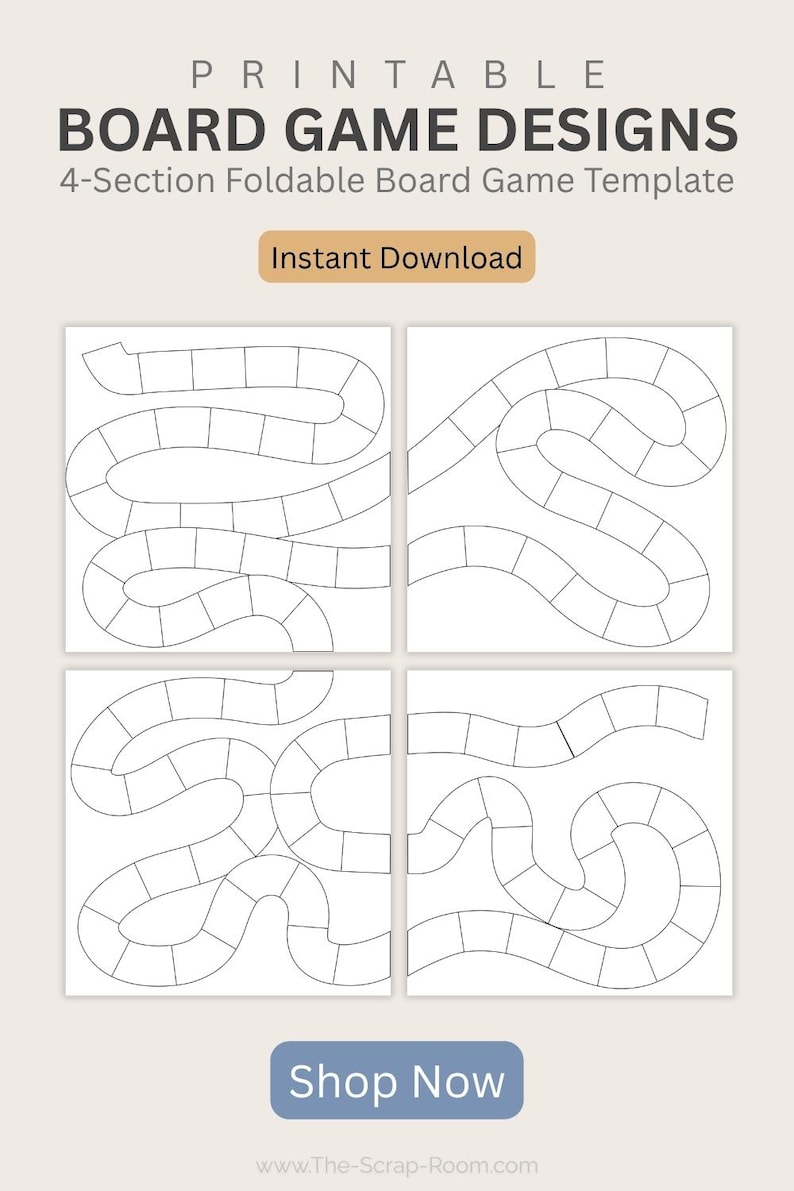 May include: Printable board game designs. The image shows four 4-section foldable board game templates with winding paths and spaces, perfect for creating custom games. The text includes "Instant Download" and "Shop Now".