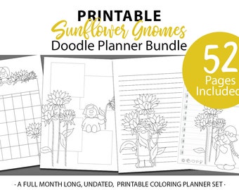 Sunflower Gnomes Planner - Printable Coloring Planner bundle - A full month long, undated, printable planner kit for refillable planners