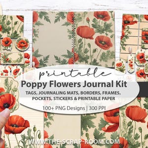 diário de lixo para imprimir, papoulas florais, chique gasto, papel digital para impressão, itens efêmeros, etiqueta com corte sofisticado, kit de diário de lixo para impressão, papoula