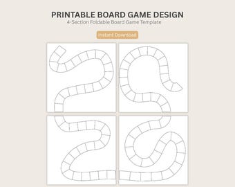 May include: Printable board game design template with a 4-section foldable layout. Each section features a winding path of connected squares, perfect for creating custom board games. The design is in black and white, with the text "Printable Board Game Design" at the top.