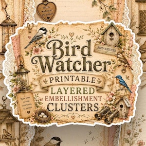 Racimos de papel en capas para observadores de aves, imprimibles en formato PNG, adornos para diarios creativos, álbumes de recortes, efímeros de naturaleza, descarga digital. imagen 1