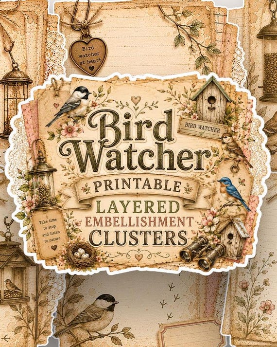 Bird Watcher Layered Paper Clusters Printable PNG Junk Journal Embellishments Scrapbook Ephemera Nature Digital Download