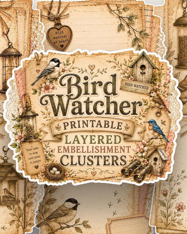 Racimos de papel en capas para observadores de aves, imprimibles en formato PNG, adornos para diarios creativos, álbumes de recortes, efímeros de naturaleza, descarga digital. imagen 1