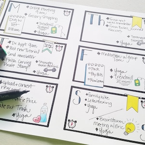 May include: A weekly planner with a black and white doodle design. Each day of the week is represented by a letter and a box with a list of tasks. The tasks include "Online meeting", "Grocery shopping", "Dig to Vet", "Treadmill 20 mins", "Yoga", "Dr. Appt. 9am", "Post new Tutorial", "Send newsletter", "Finish carving Pirate Stamp", "Strength training 30 mins", "Yoga", "Upload + convert new", "Traffic Price", "Take out Trash", "Yoga", "Finish next week's newsletter", "Finish Bullet Journal", "Yoga", "Meditation w/group Tam", "Pack", "Pay Bills", "Now Lann", "Yoga", "Treadmill 20 mins", "Family hike", "Letterboxing", "Yoga", "Brainstorm meeting w/Eric", "Yoga". The planner also includes a section for "My Goals" with the text "Spend more time w/family/less time at work", "Focus on eating healthy + staying active", "Read 1 book", "Earn a million dollars".