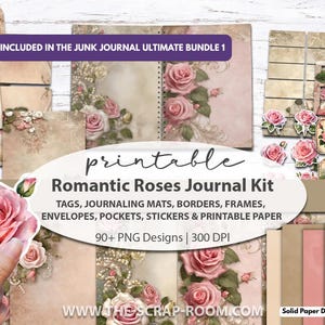 Printable Junk Journal Kit Rose digital papers tags stickers fussy cut ephemera embellishments digital floral junk journal pages