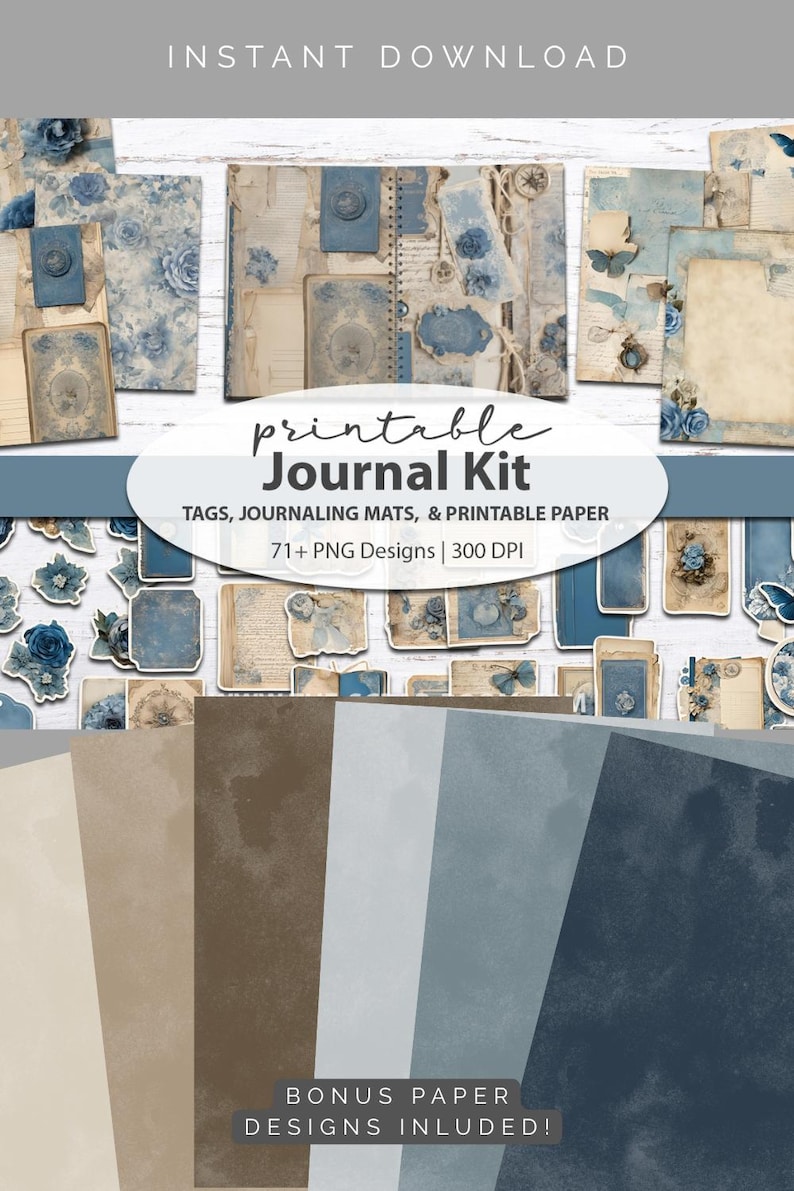 Blue Junk Journal Blue Ephemera Printable Journal Ephemera Kit Antique ...