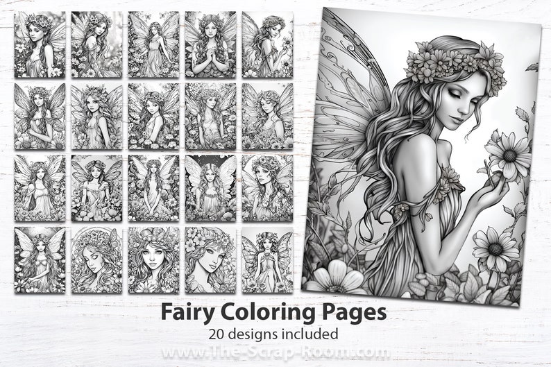 Printable Fairy coloring pages, fairy coloring sheets, fairy coloring book, coloring pages for adults, grayscale coloring pages, fairy party image 1