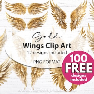 Gold Engel Flügel Clip Art Bundle PNG Flügel Feenflügel Goldflügel digitale Designs für Sublimationsfoto-Overlay Enthält 100 KOSTENLOSE Flügel
