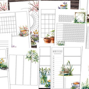 May include: A collection of printable planner pages with floral and tea cup illustrations. The pages include calendars, to-do lists, and gratitude logs. The designs feature watercolor artwork of flowers, plants, and teacups, creating a cohesive and decorative theme.