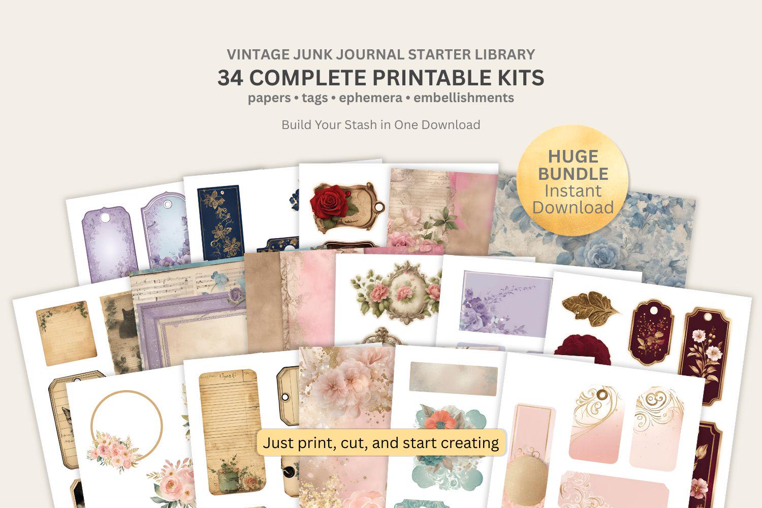 Vintage Library Collection Junk Journal Bundle Printable Ephemera ...