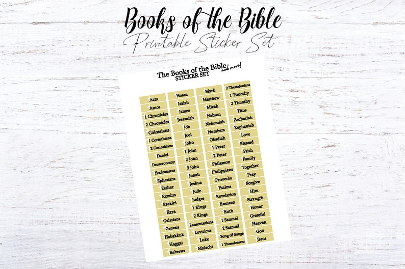 May include: A printable sticker set featuring the books of the Bible. The stickers are rectangular and have a light brown background with black text. The text includes the names of the books of the Bible, such as "Acts", "Genesis", "Revelation", and "Song of Songs".