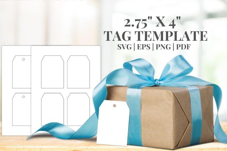 May include: A gift box wrapped in brown paper with a light blue ribbon and bow. A white tag hangs from the ribbon. The image also shows a sheet of blank tag templates with the text "2.75" X 4" TAG TEMPLATE" and file type options.