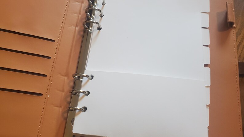 Puede incluir: Una agenda encuadernada en cuero marr&oacute;n con un anillo de encuadernaci&oacute;n plateado y divisores blancos. La agenda tiene varios bolsillos en el lado izquierdo.