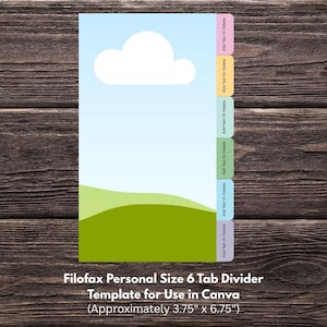 May include: A Filofax personal size 6 tab divider template for use in Canva. The design features a sky blue background with a white cloud and green hills. The tabs are in various colours. The template is approximately 9.5cm x 17.1cm.