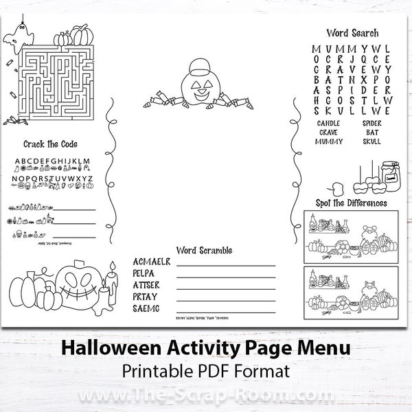 Halloween Printable Kids Menu template, printable menu, activity menu, kids activity, party decor, restaurant menu, activity sheet