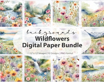 Wildflowers watercolor digital paper: watercolor paper, printable paper, digital backgrounds, scrapbook paper, floral, flowers, nature